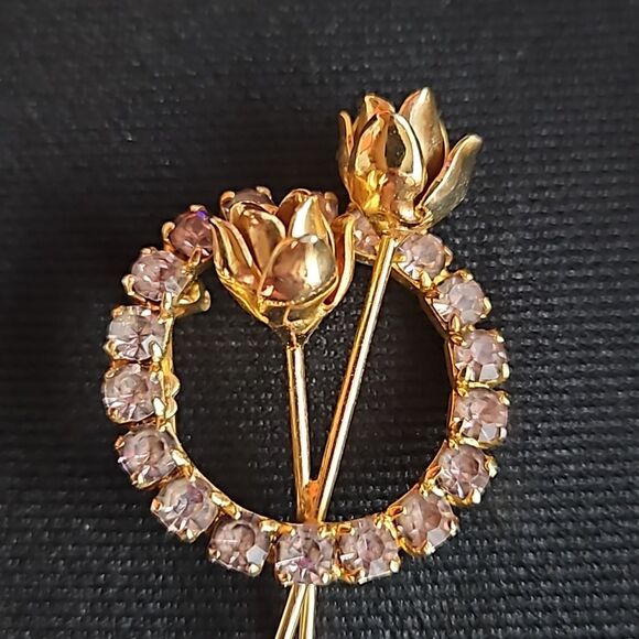 Vintage Gold Flower & Rhinestone Pin Brooch - Picture 4 of 8